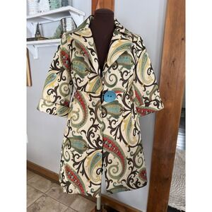 3 Sisters Paisley Jacquard Trench Coat Women's Size S Blue Button art to wear